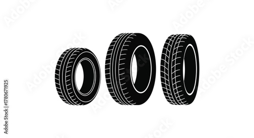 Three black tires arranged in a simple graphic illustration style