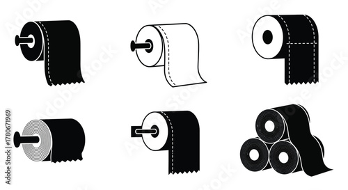 Black and white illustration of various toilet paper roll designs
