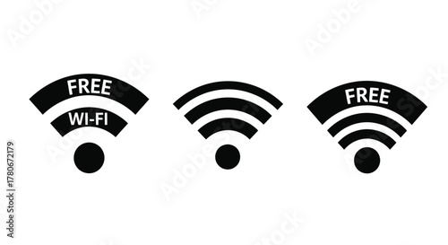 Three black and white free wifi signal icons displayed horizontally