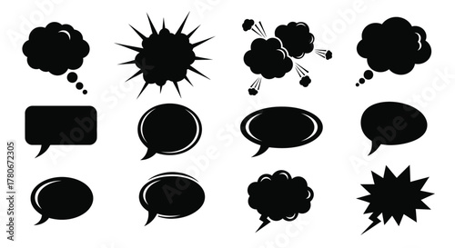 Collection of various black speech bubbles and explosion effects illustrations