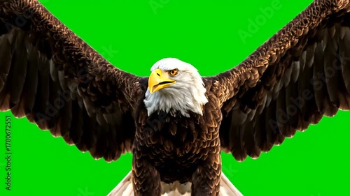 Majestic bald eagle with wings spread wide against a vibrant green screen background, ready for compositing.