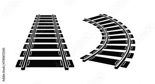 Simple illustration of straight and curved train tracks in black and white