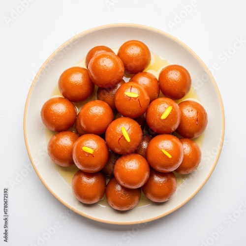 Gulab jamun in a bowl, a popular indian dessert, on white background