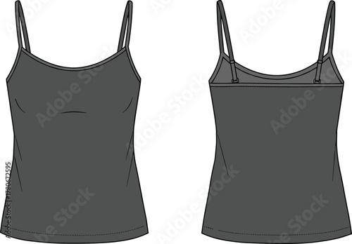 Camisole top front view, back view, spaghetti straps, scoop neckline, fitted silhouette, fashion template, garment design, apparel mockup, vector illustration