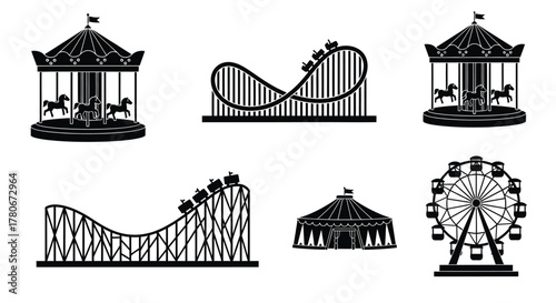 Black and white illustration of various amusement park rides and attractions
