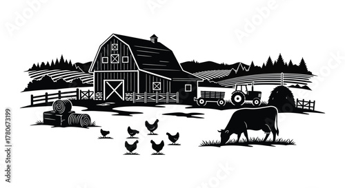 A classic farm scene depicting a barn tractor cow and chickens