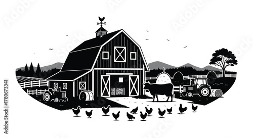 A classic black and white illustration of a rural farm scene