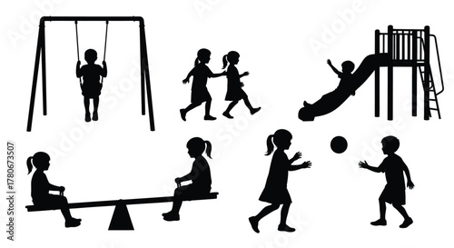 Silhouettes of children playing on a playground swings slides and seesaws