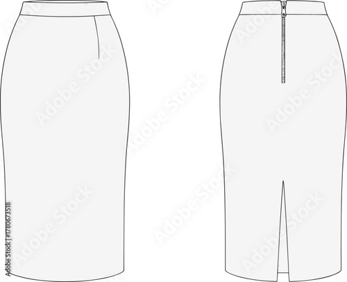 Pencil skirt technical sketch, front and back view, midi length fashion template, garment construction, flat drawing, apparel design illustration