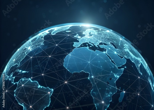 A futuristic globe displays illuminated continents and networks, set against a dark, tech-inspired background, symbolizing global connectivity.