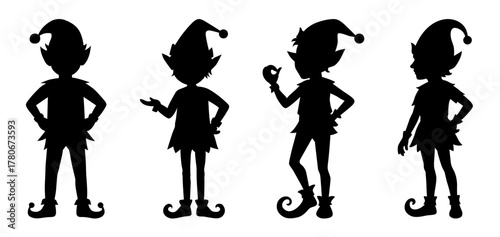Christmas elf silhouette cartoon vector illustrations set.