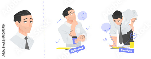 Smiling White Businessman Holding a Coffee Cup While Thinking About Work. Two Office Scenes Show Strategic Planning and Successful Analysis with Emoji and Business Icons.
