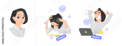 Cartoon Female Character in Business Attire Showing Frustration and Disappointment. Two Expressive Scenes with Hands on Head, Emoji and Icon Elements Included.