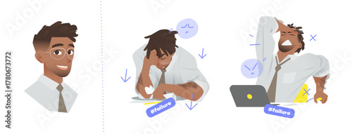 Cartoon Black Male Character in Glasses, White Shirt, and Tie. Bust View and Two Office Scenes Showing Emotional Failure and Frustration with Gesture Icons and Facial Reactions.