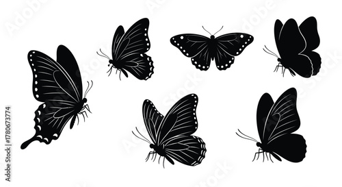 A collection of delicate black silhouettes of butterflies in flight