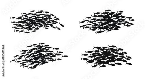 Four distinct groupings of silhouetted fish in a minimalist design