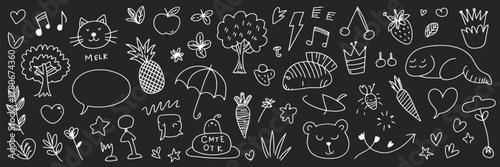 Hand-drawn doodle element pack featuring hearts, stars, clouds, arrows, and flowers in sketch style on chalkboard texture for vector stickers, illustrations, and cute graphic designs.