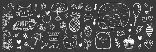 Cute line element vector set with hand-drawn scribble hearts, arrows, flowers, stars, and clouds on chalkboard background, perfect for doodle stickers, cartoon illustrations, 