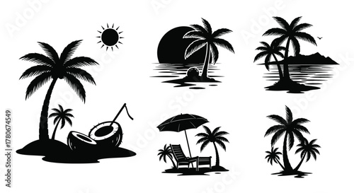 Tropical island scene with palm trees sun and beach elements design