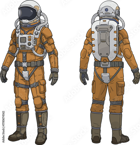 Space suit front and back view, astronaut gear illustration, orange EVA suit, technical drawing, helmet, tubing, life support system, gloves
