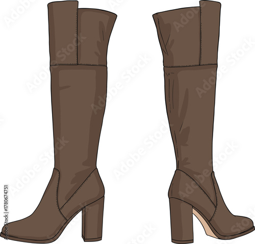Brown knee-high boots, high heel footwear, fashion accessory, stylish leather shoes, women's fall fashion, elegant boot design, retail illustration