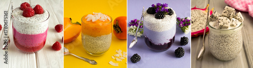 Collage of pudding with chia seeds, berry and fruit in the drinking glasses. Close-up.