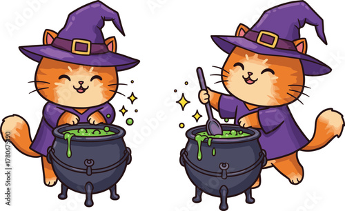 Cartoon Halloween cats dressed as witches stirring magical green potion in cauldrons with sparkles and festive atmosphere