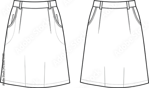 CAD Drawing Flat Vector Illustration of Two A-Line Skirts with Waistbands, Belt Loops, Seam Details, and Front Pocket Variation