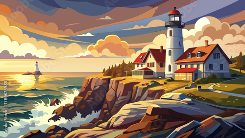 Very beautiful Portland Head Lighthouse at Cape Elizabeth, Maine, USA, standing on rugged coastal cliffs with waves crashing below, bright sky, and a realistic scenic New England landscape.