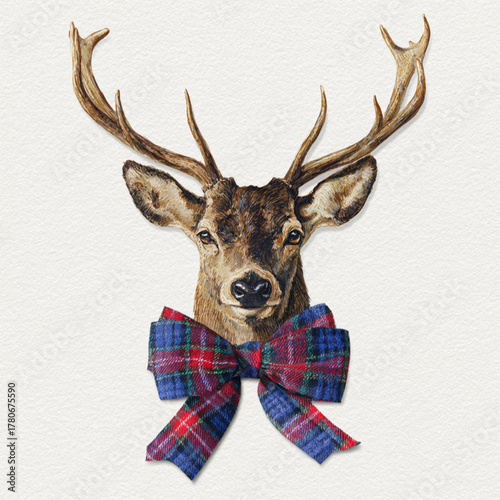 watercolor of a deer head with a dark red and blue tartan plaid christmas bow, against a white background