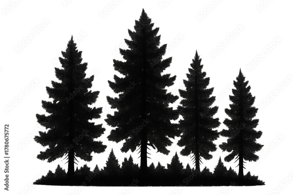 Obraz premium Forest pine trees silhouette with a group of spruces creating a woodland landscape, transparent background included