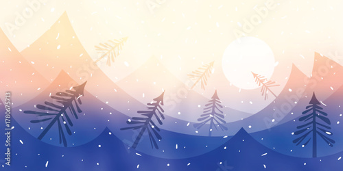 Stylized winter landscape, sunset, setting sun, cartoon nature, forest and snowfall, vector illustration