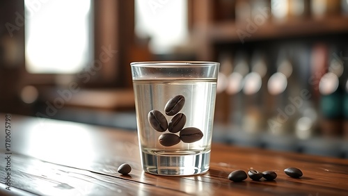 sambuca. Three coffee beans floating in sambuca on a rustic wooden bar. bar promotions, beverage menus, designed for product packaging and bar promotions, used by e-commerce operators.
