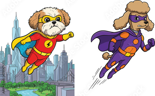 Cute superhero dogs flying in colorful costumes above modern city skyline, heroic cartoon animals with capes and masks illustration