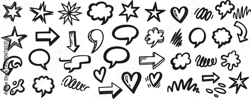 Variety of sketched doodle elements including stars, hearts, speech bubbles, and arrows isolated on white background