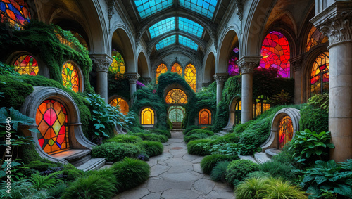 Enchanting garden courtyard with stained glass windows and lush greenery