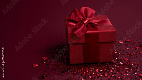 Luxurious red gift box with a satin bow on a dark maroon background with heart shaped confetti