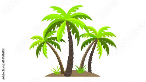 Tropical Palm Paradise: Three vibrant palm trees stand tall under the radiant sun, their verdant fronds swaying gently in the warm breeze, invoking the essence of tropical paradise and serenity.