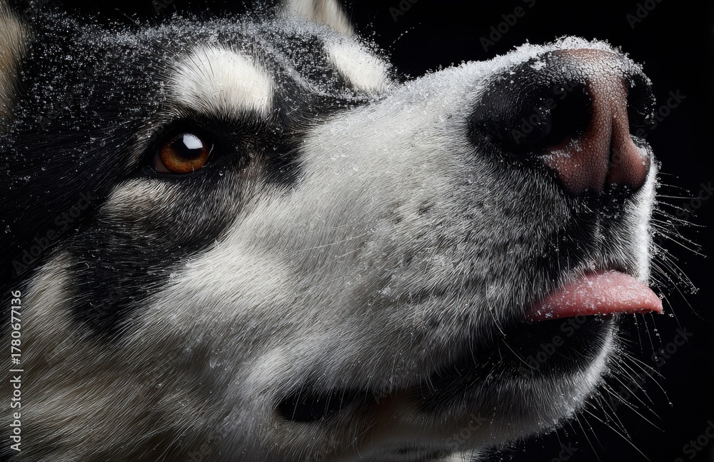 Obraz premium Husky with Snow on Nose Licking Winter Air