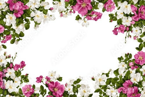 Pink and white floral frame with green leaves on isolated white background