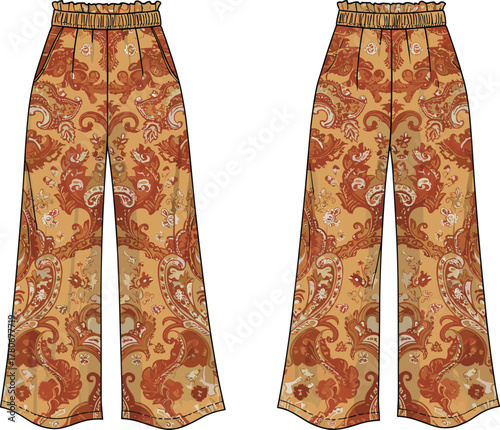 Wide leg paisley pants, high waist ruffle, boho fashion, textile print, garment sketch, ethnic style, orange brown cream illustration