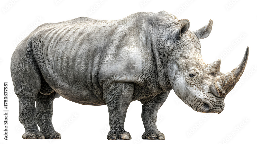 Fototapeta premium rhinoceros standing strong, detailed skin texture, isolated on white background