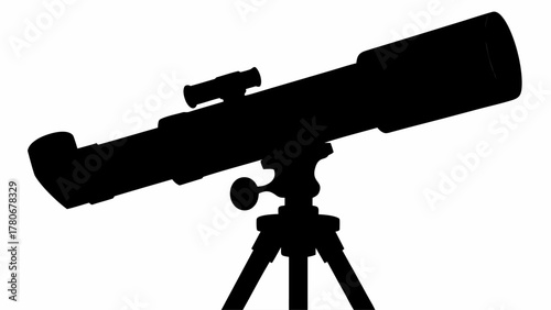 Silhouette of a telescope on a tripod for stargazing and astronomical observations in black and white