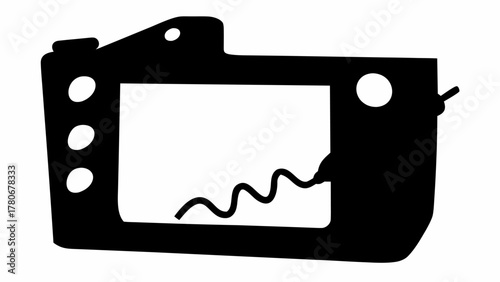 A black and white illustration of a camera with a screen displaying a wavy line in the center view