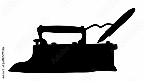 Silhouette of an old fashioned iron with a pen resting on top against a white background design