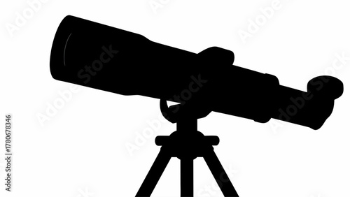 Silhouette of a telescope on a tripod used for astronomy and space observation, black on a white background