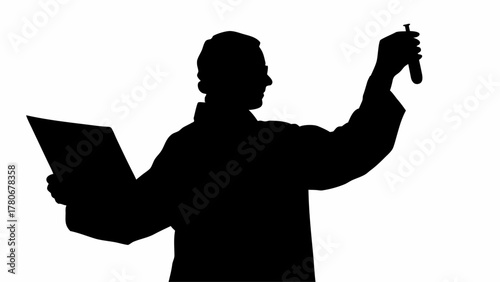 Silhouette of a scientist holding a test tube and a document in a laboratory setting analysis