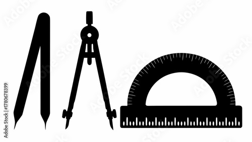 Illustration of drafting tools including a divider compass and a protractor in black silhouette