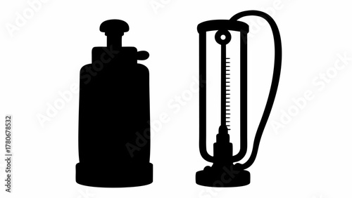 Illustration of a vintage pump sprayer and a manometer in black silhouette on a white background