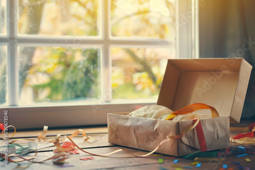 an open empty gift box on a wooden table, colorful wrapping paper and ribbons scattered around, soft natural light from a window, cozy warm atmosphere